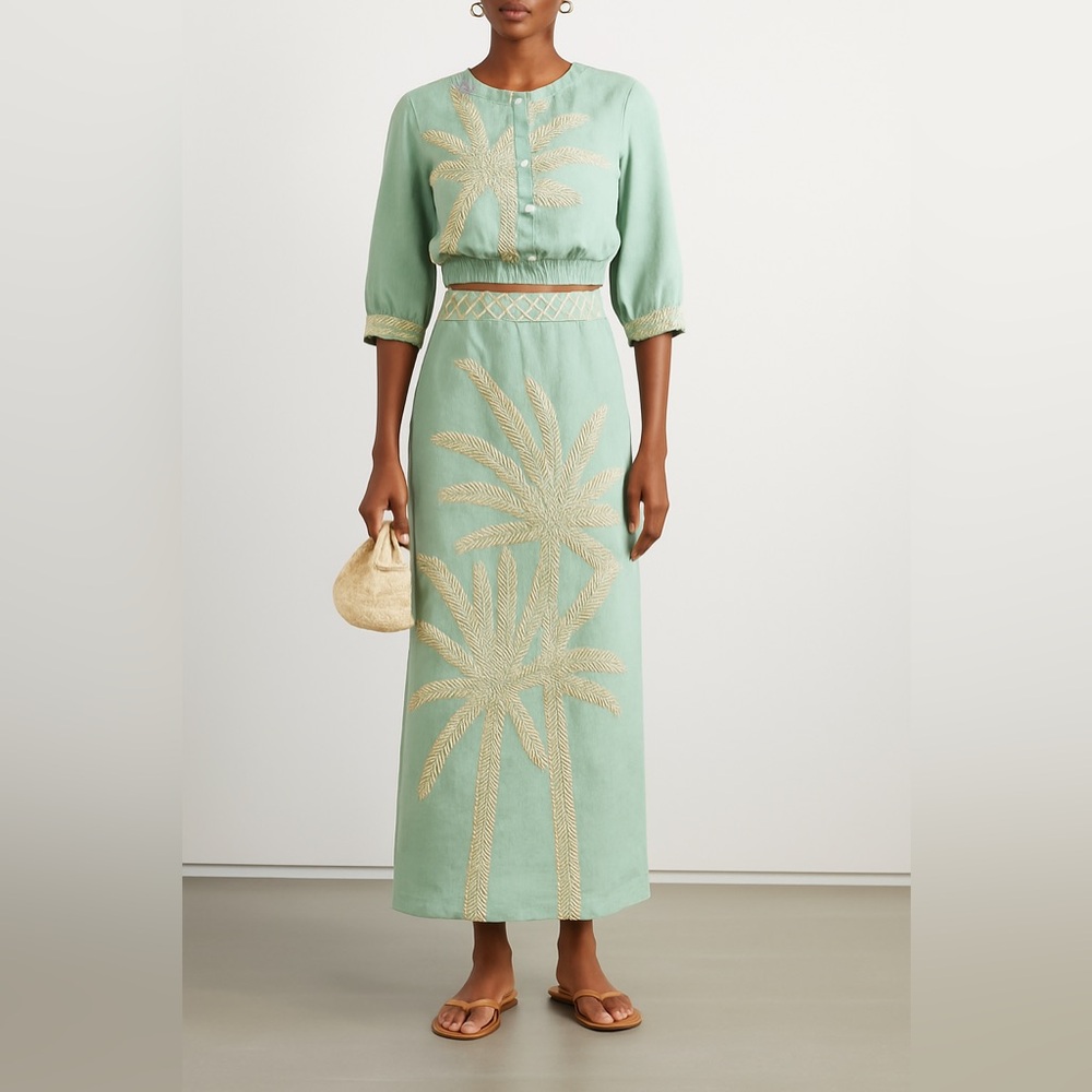 Emprio Sirenuse Monika Palm Set (Skirt+Top) in Biscay Green 100% Linen